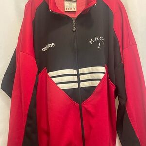 Vintage adidas zip-up track jacket in a red, black, and white colorway